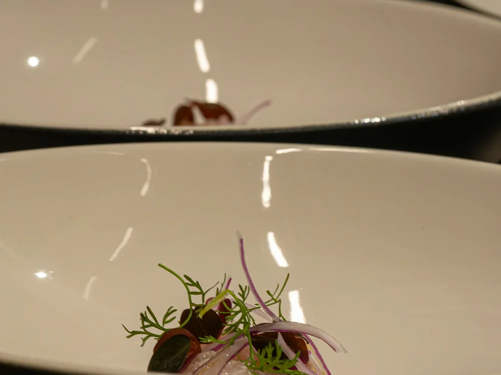 A delicately plated tasting course on a white dish